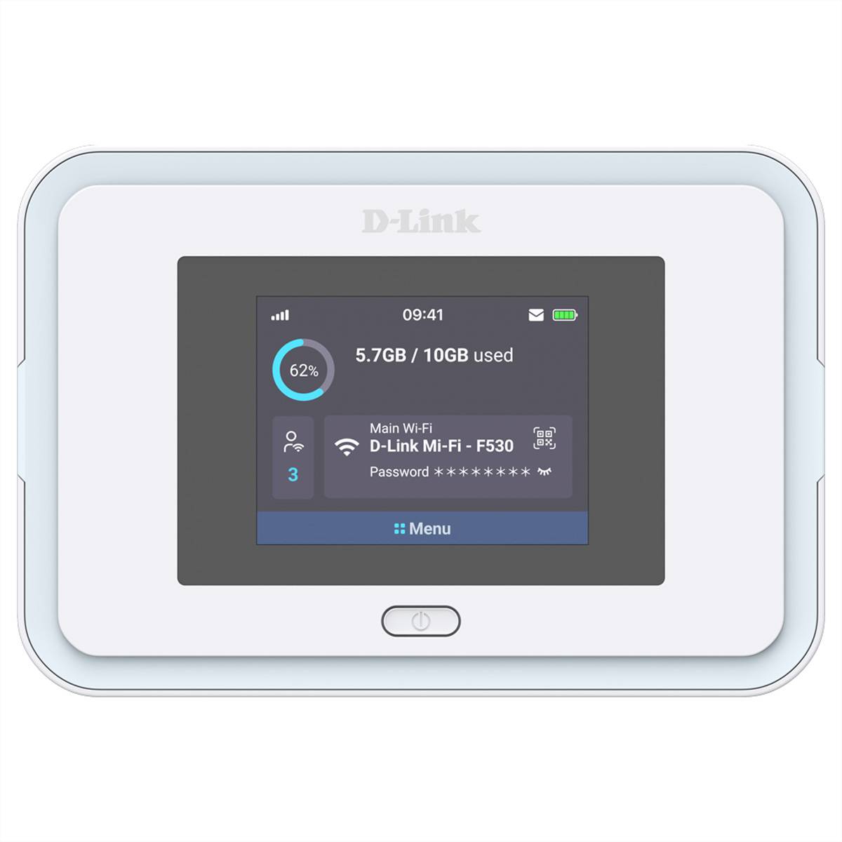 D-Link tragbarer Wi-Fi-Hotspot zeigt 62 % Akku und 5,7GB von 10GB Daten verbraucht, verbunden mit 