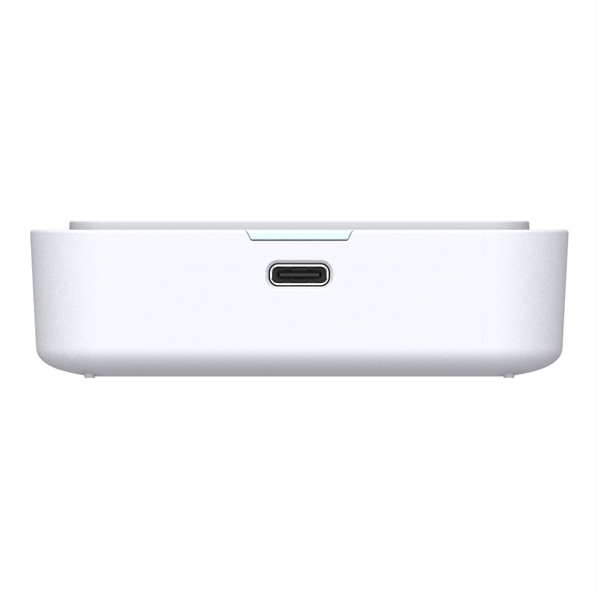 Vorderansicht einer weißen Dockingstation oder Lautsprecherbasis mit einem zentrierten USB-C-Anschluss auf einem einfachen Hintergrund.