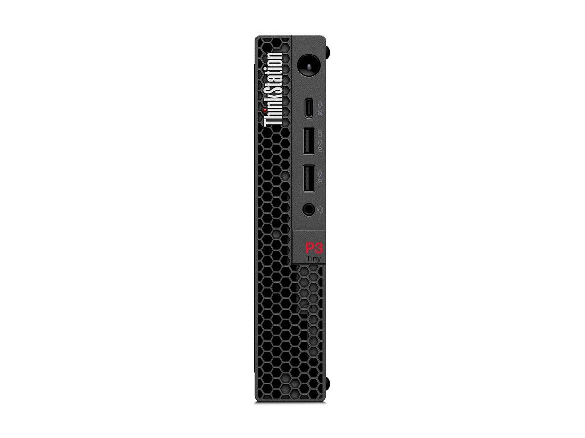 Vorderansicht eines kompakten ThinkStation P3 Tiny Desktop-Towers mit schwarzem Wabenfront-Panel und USB-Anschlüssen.