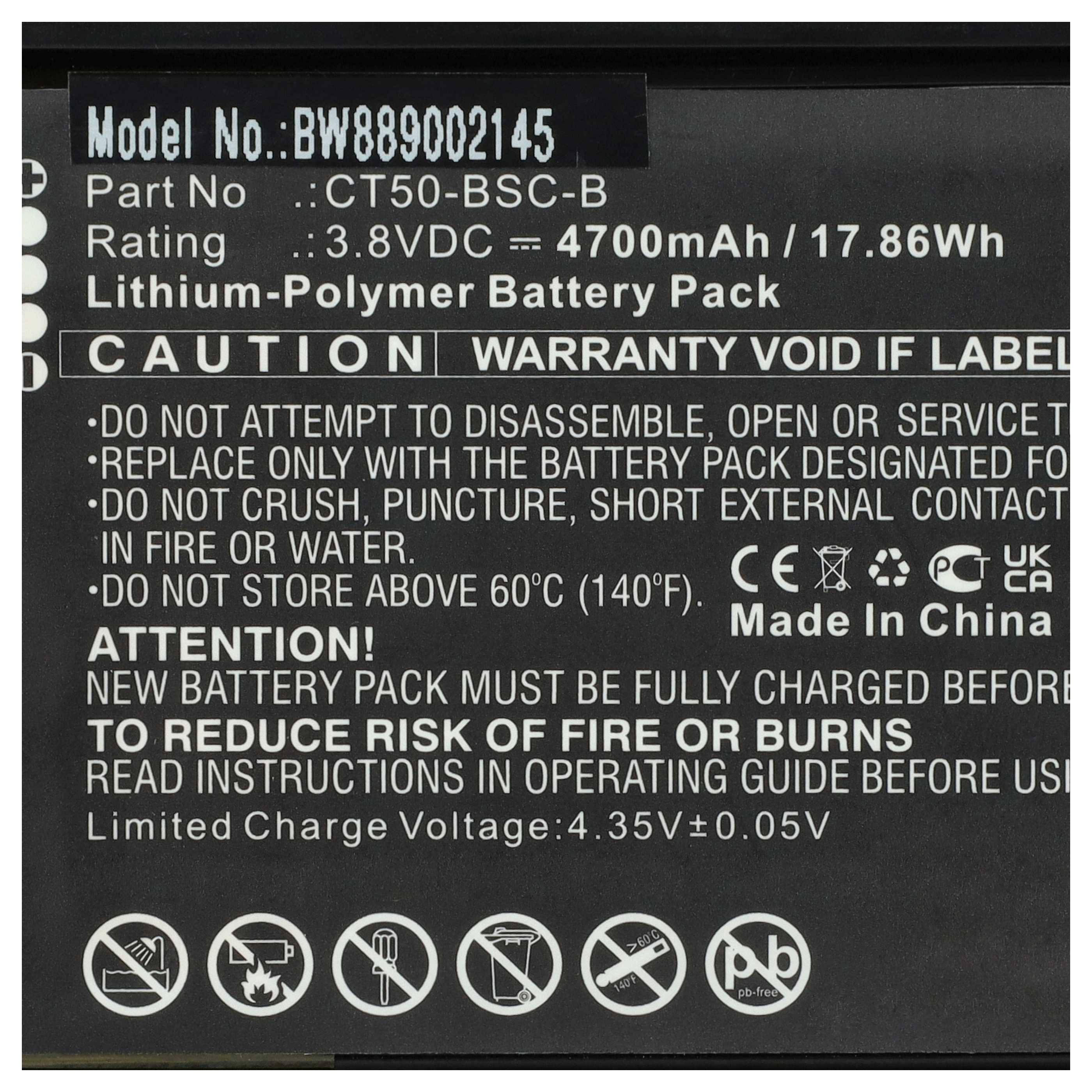 Nahaufnahme eines Lithium-Polymer-Akkus-Etiketts mit der Modellnummer BW889002145, 3,8V 4700mAh, Vorsichts- und Sicherheitswarnungen sowie „Made in China