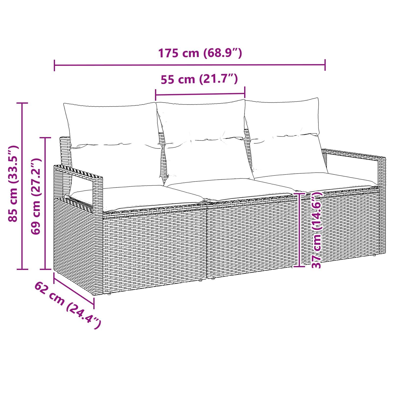 vidaXL Sofa Set mit Kissen 3 pcs Braun Poly Rattan