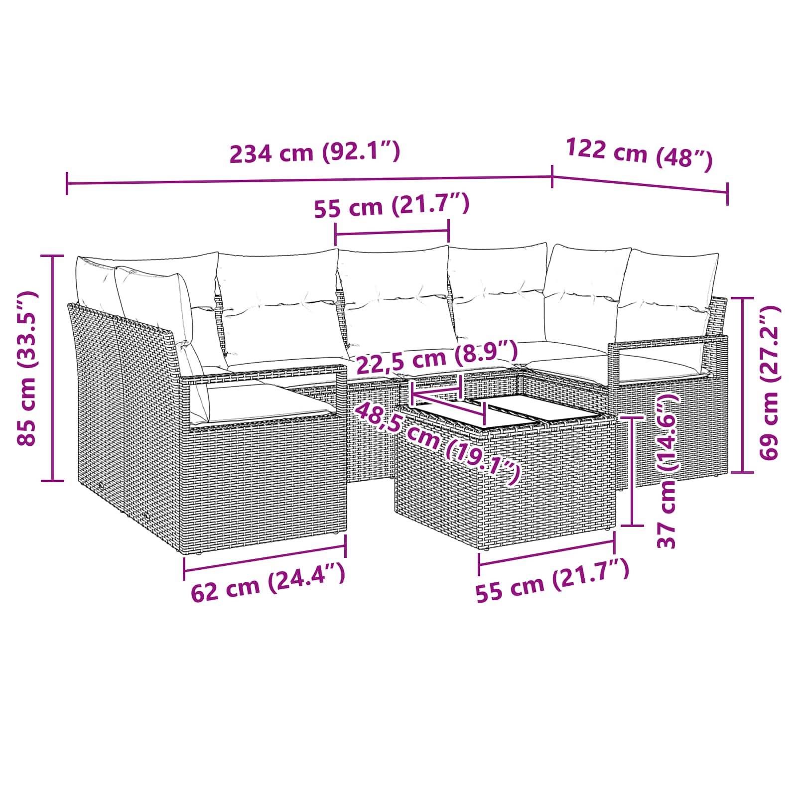 vidaXL Sofa Set mit Kissen 7 pcs Grau und Blau Poly Rattan
