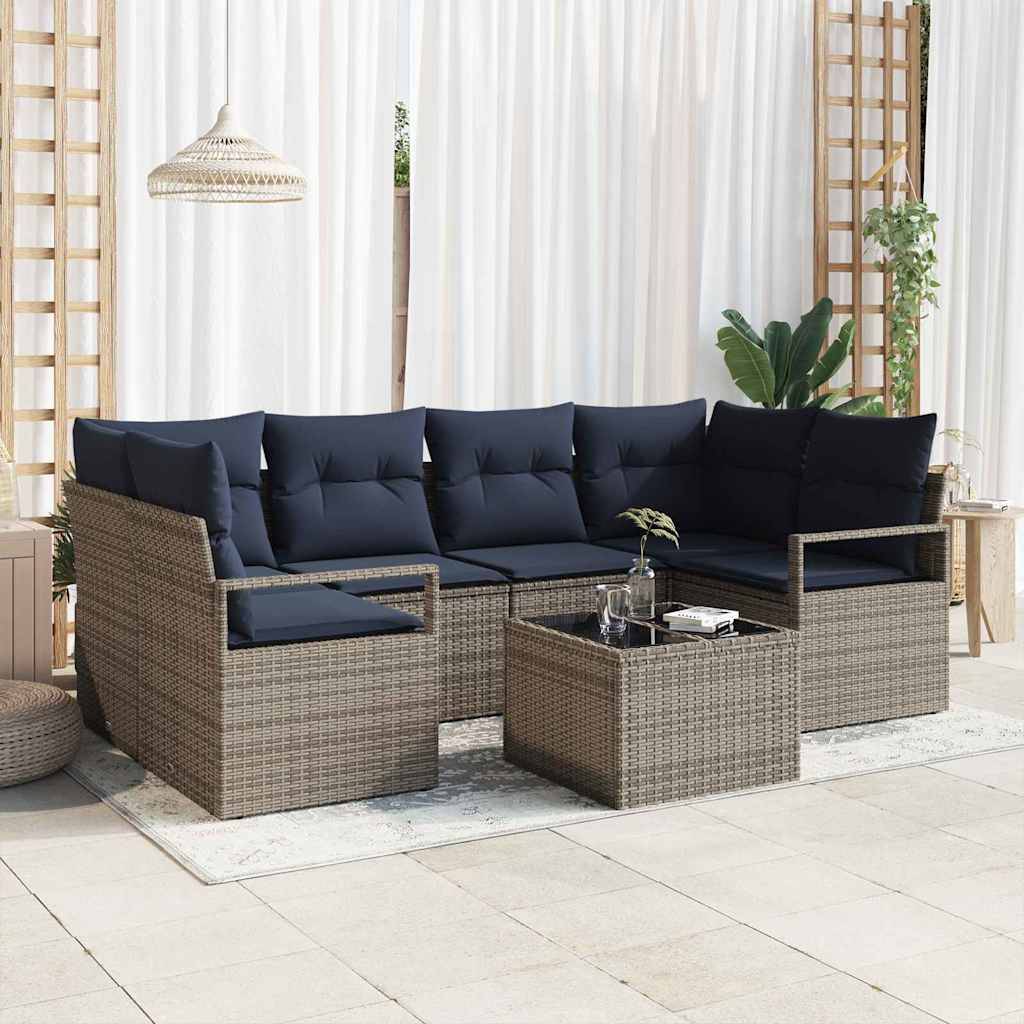 vidaXL Sofa Set mit Kissen 7 pcs Grau und Blau Poly Rattan