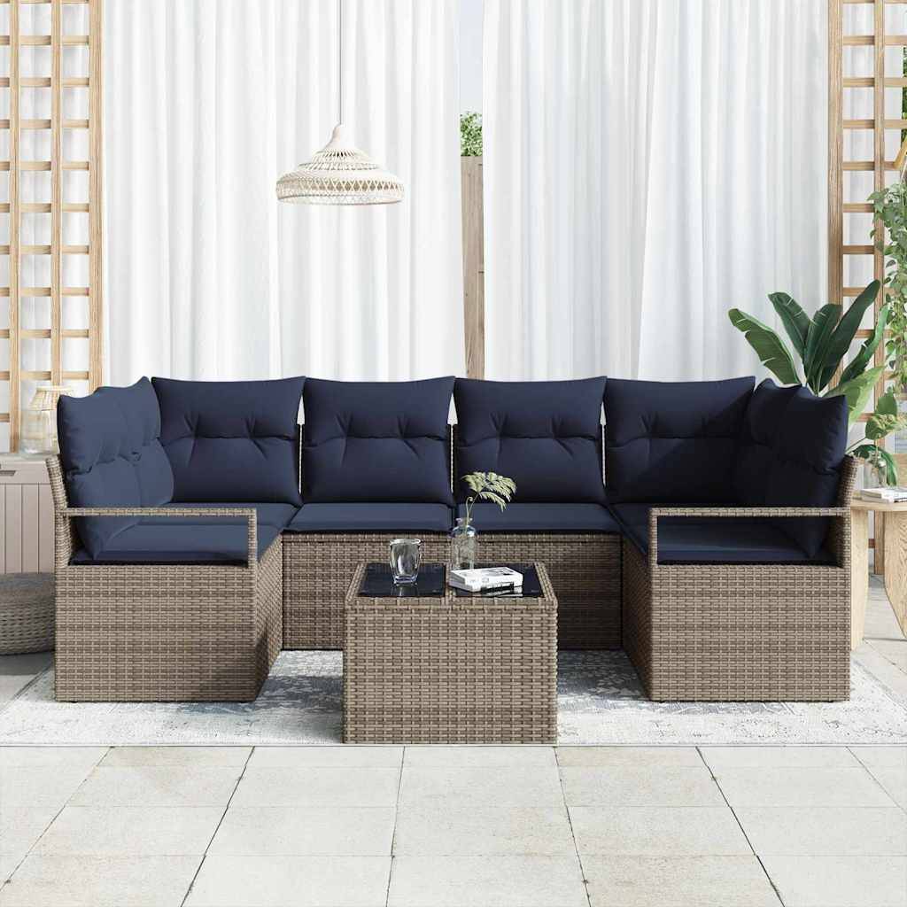 vidaXL Sofa Set mit Kissen 7 pcs Grau und Blau Poly Rattan