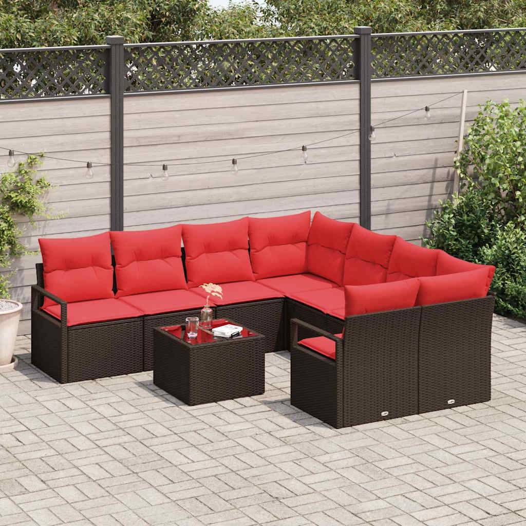 vidaXL Sofa Set mit Kissen 9 pcs Braun und Rot Poly Rattan
