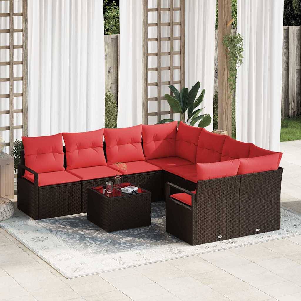 vidaXL Sofa Set mit Kissen 9 pcs Braun und Rot Poly Rattan