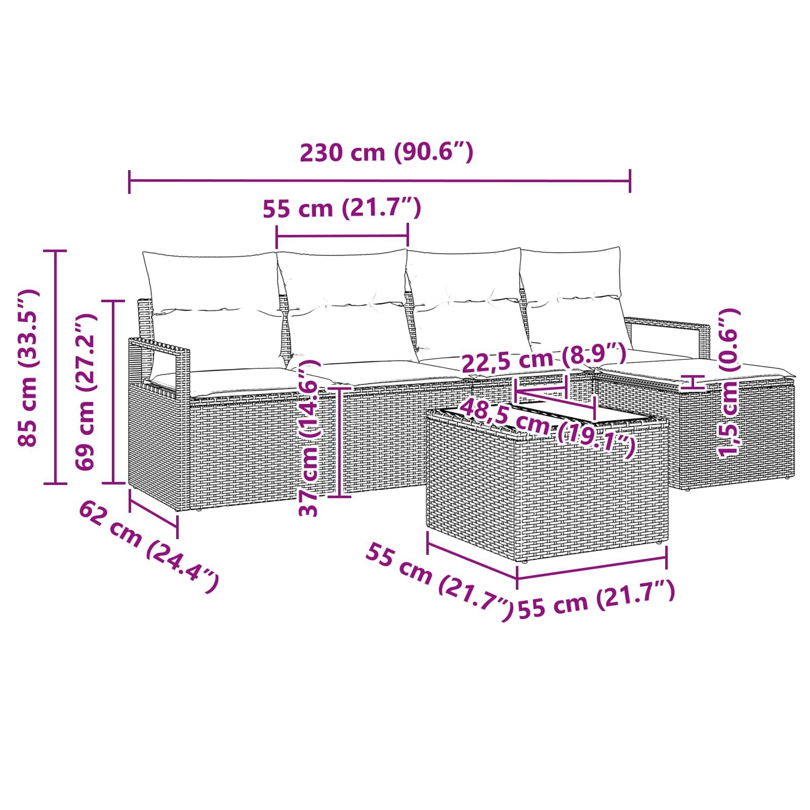 vidaXL Sofa Set mit Kissen Braun Poly Rattan