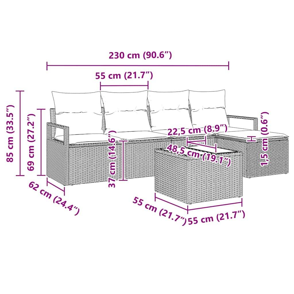 vidaXL Sofa Set mit Kissen Grau Poly Rattan