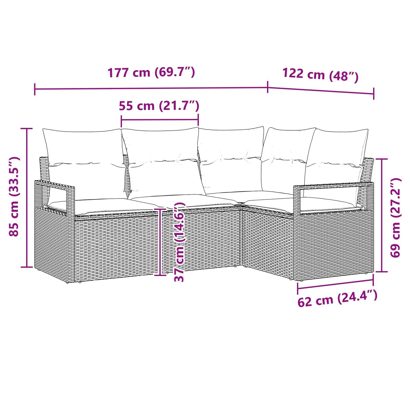 vidaXL Gartensofa-set mit Kissen 4 pcs Braun und Rot Poly-Rattan