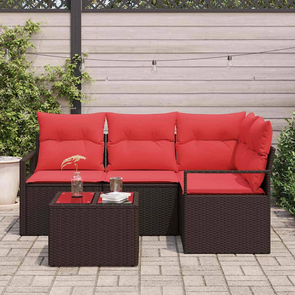vidaXL Gartensofa-set mit Kissen 5 pcs Braun und Rot Poly-Rattan