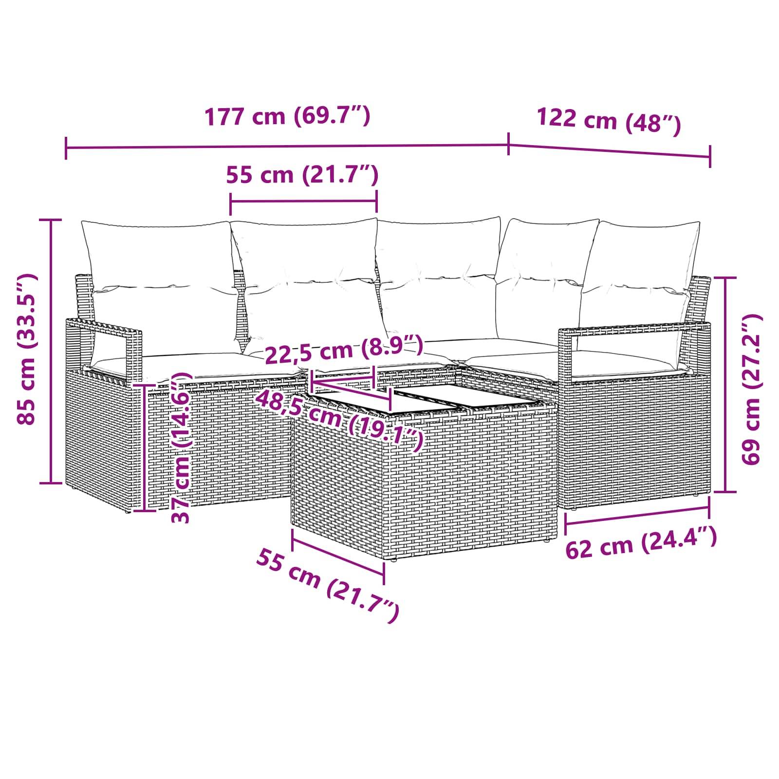 vidaXL Gartensofa-set mit Kissen 5 pcs Braun und Rot Poly-Rattan