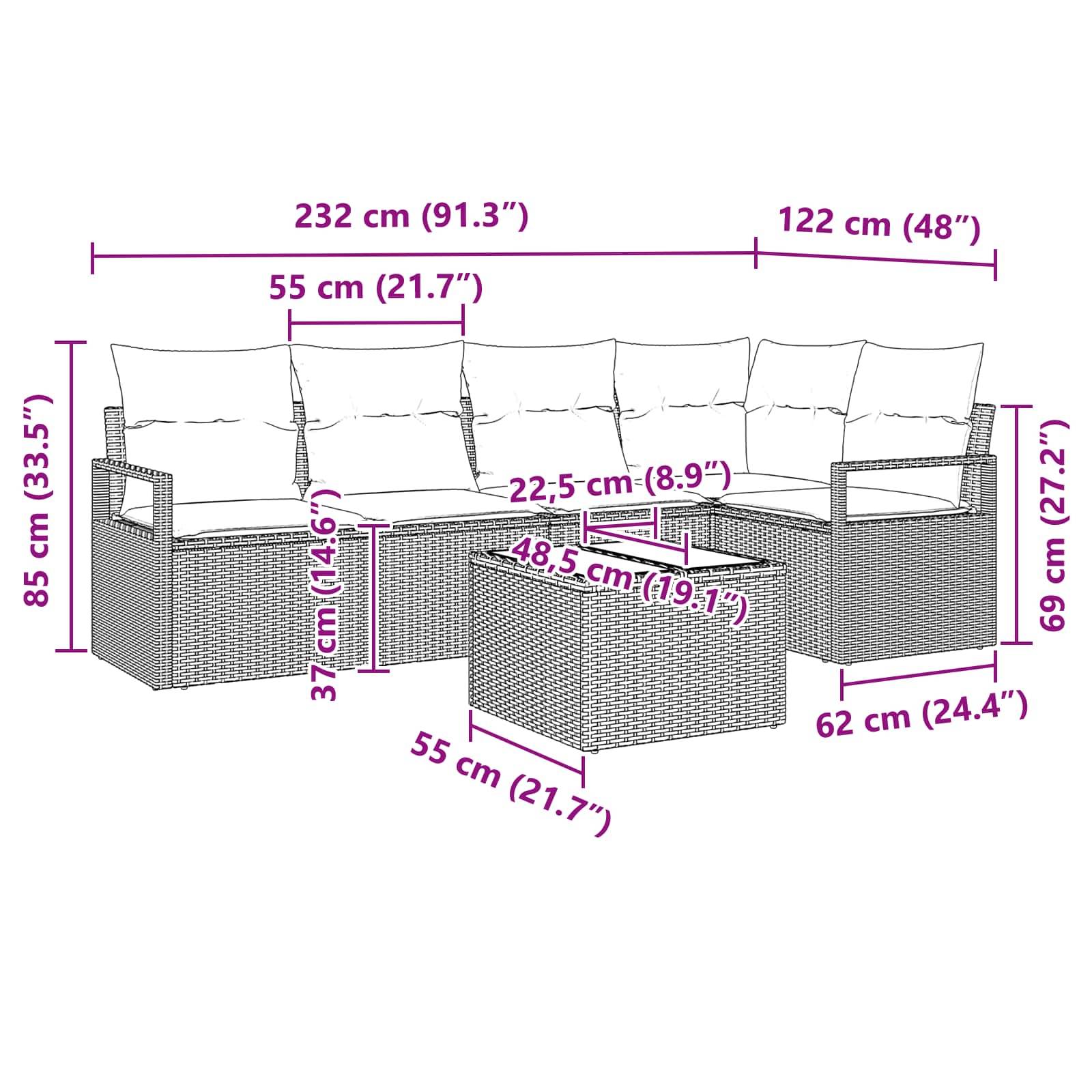 vidaXL Sofa Set mit Kissen Grau Poly Rattan