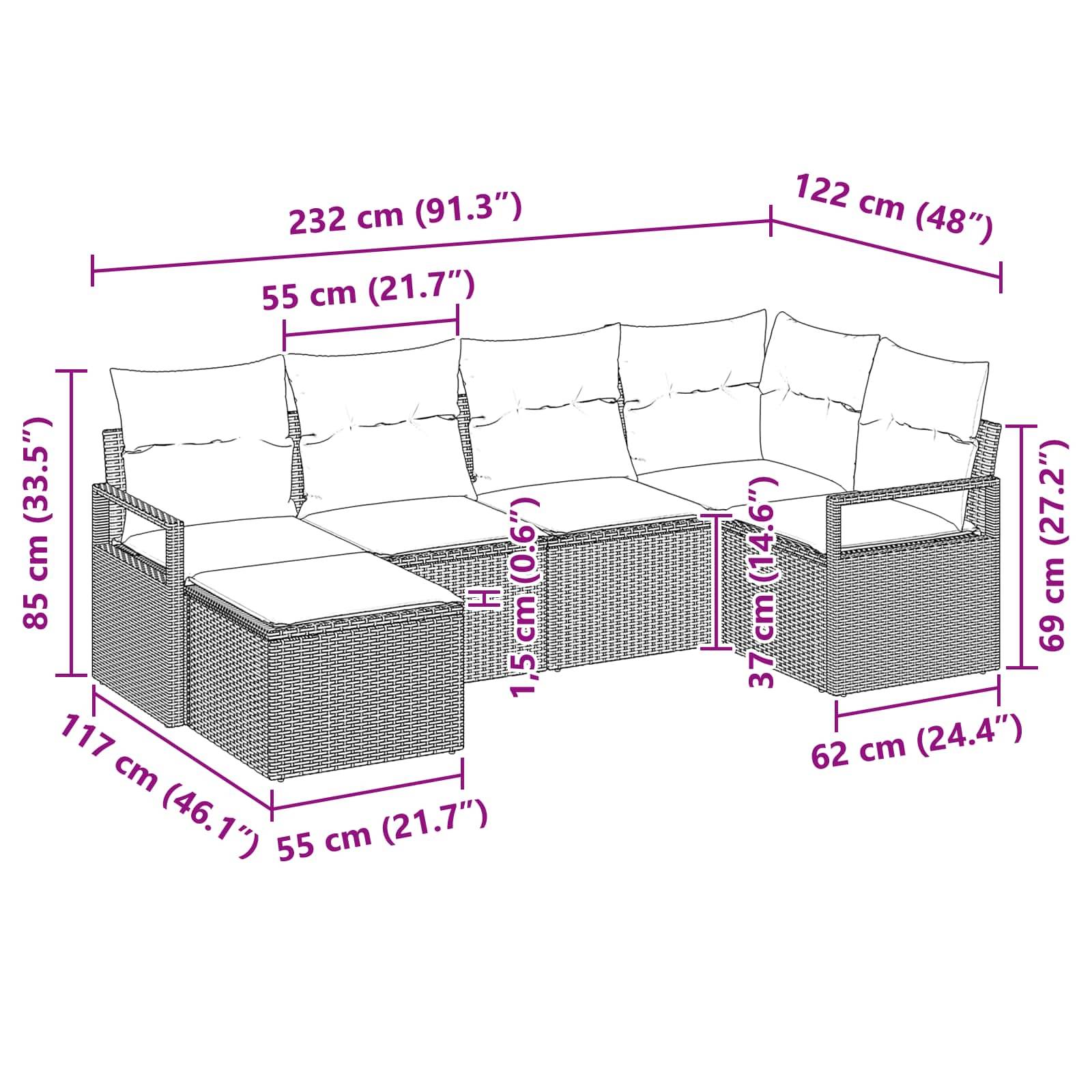 vidaXL Sofa Set mit Kissen 6 pcs Braun Poly Rattan