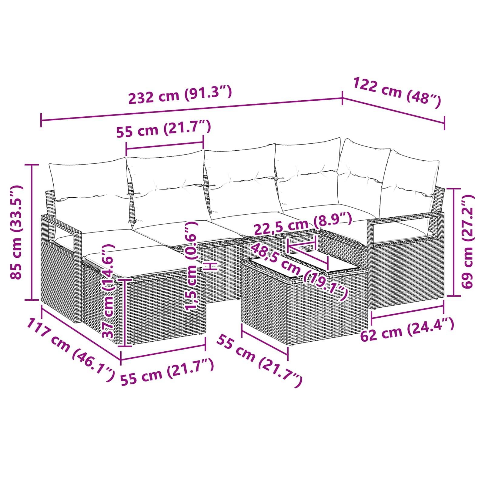 vidaXL Sofa Set 7 pcs Braun Poly-Rattan