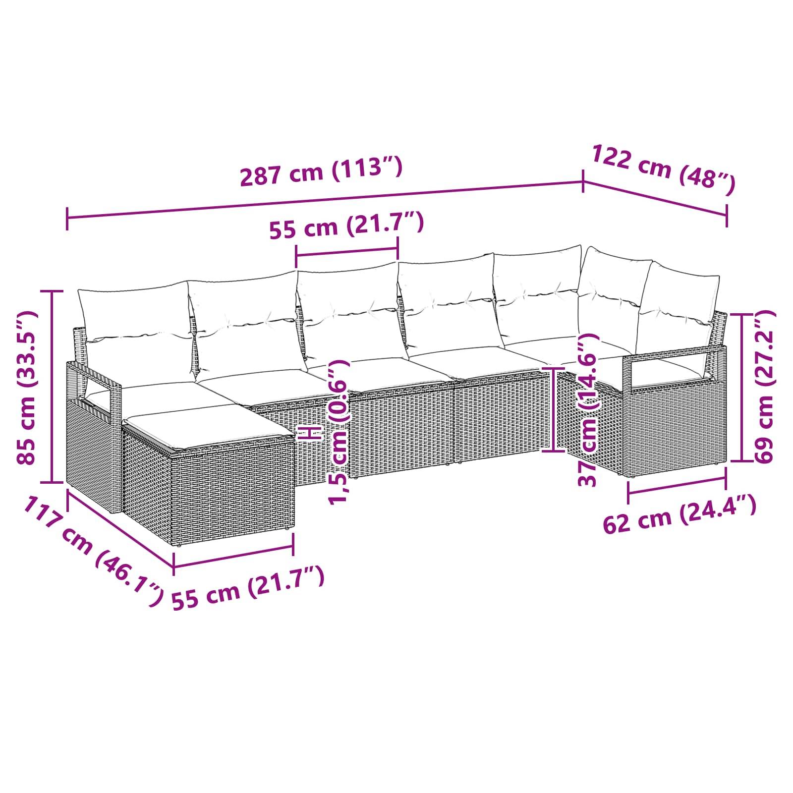 vidaXL Sofa Set mit Kissen 7 pcs Braun Poly Rattan