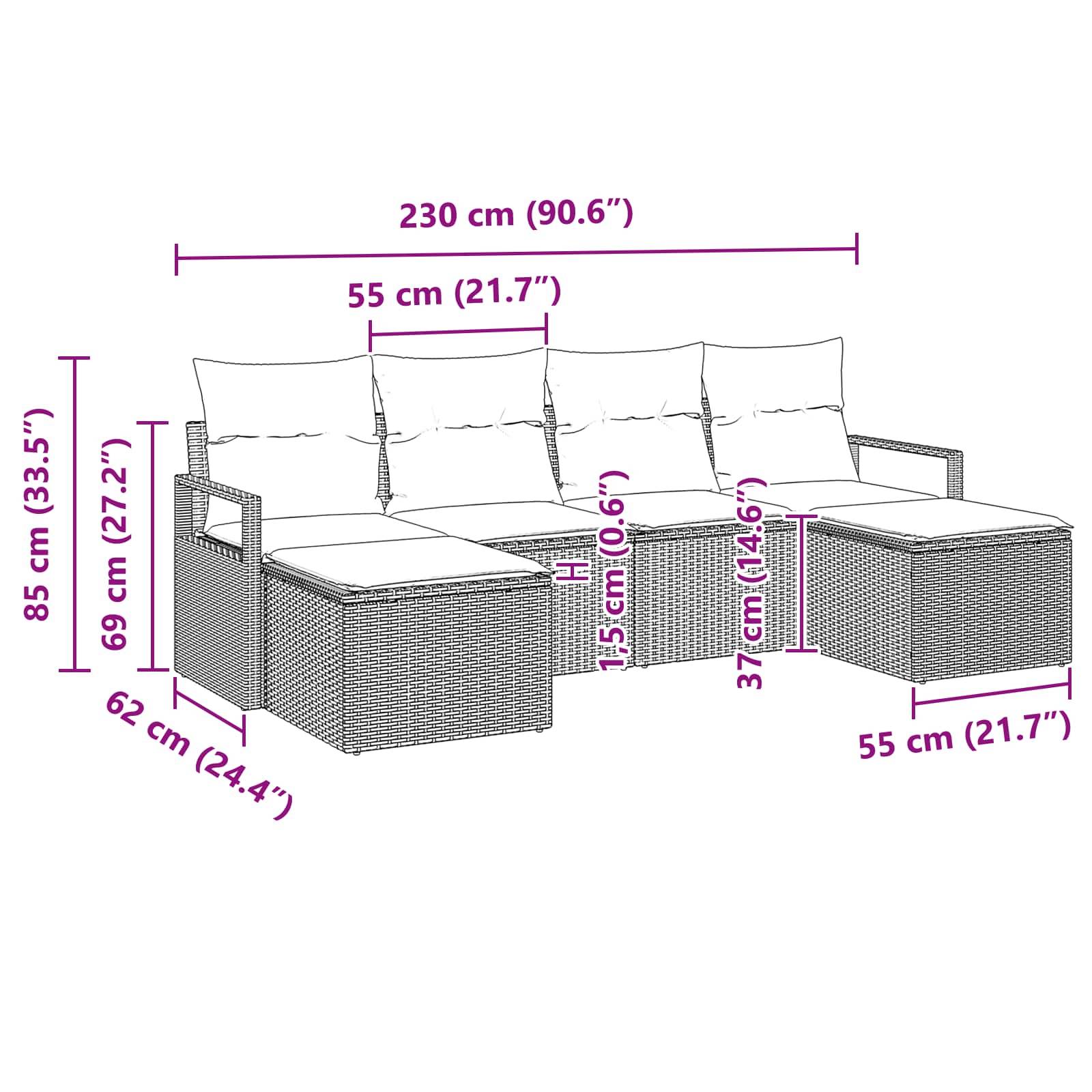 vidaXL Sofa Set mit Kissen 6 pcs Braun und Rot Poly-Rattan