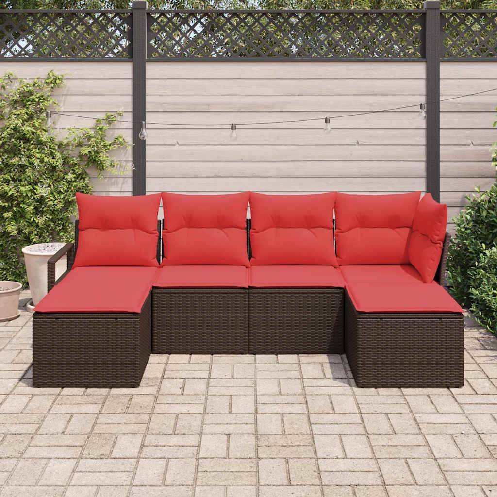 vidaXL Sofa Set mit Kissen 6 pcs Braun und Rot Poly-Rattan