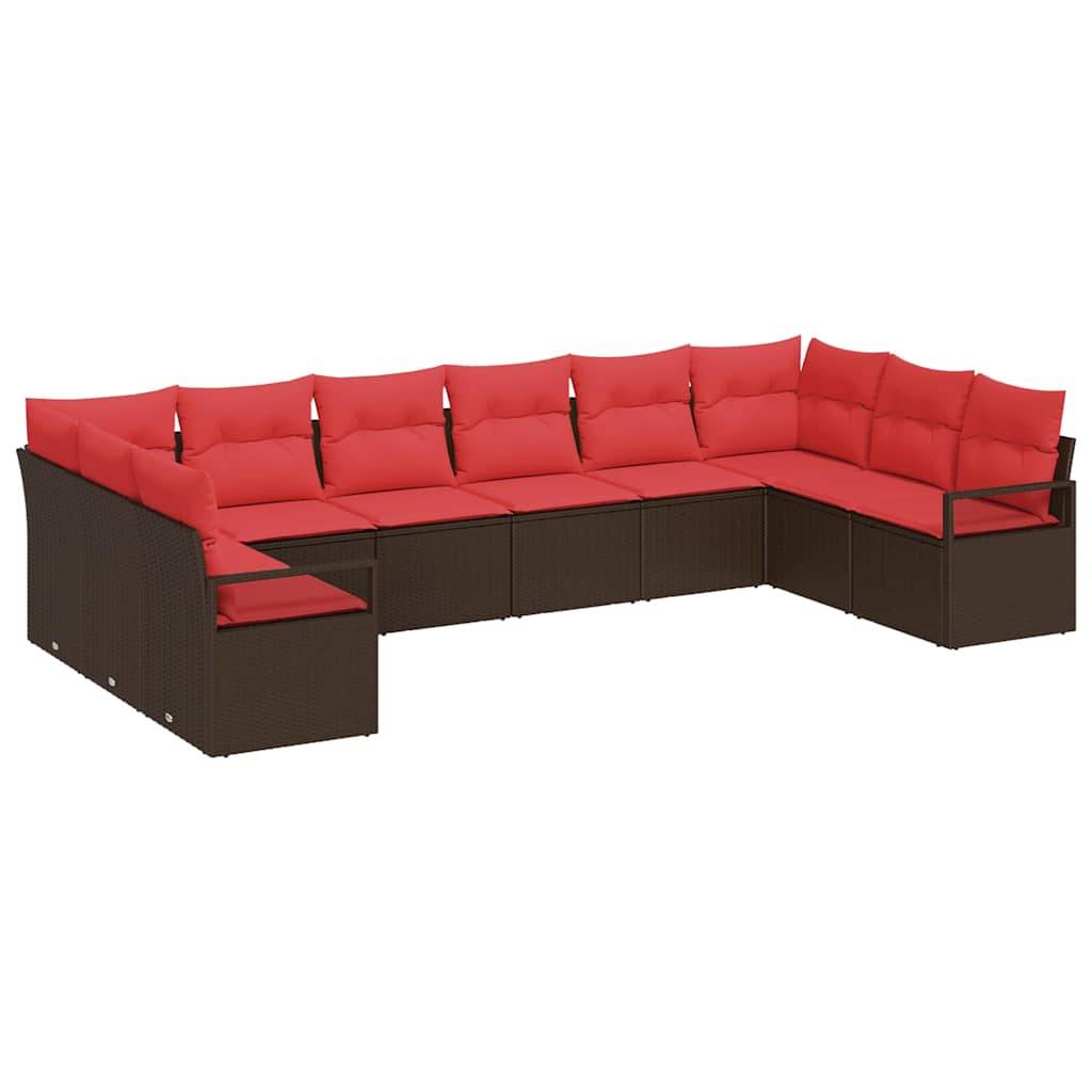 vidaXL Gartensofa-set mit Kissen 10 pcs Braun und Rot Poly-Rattan