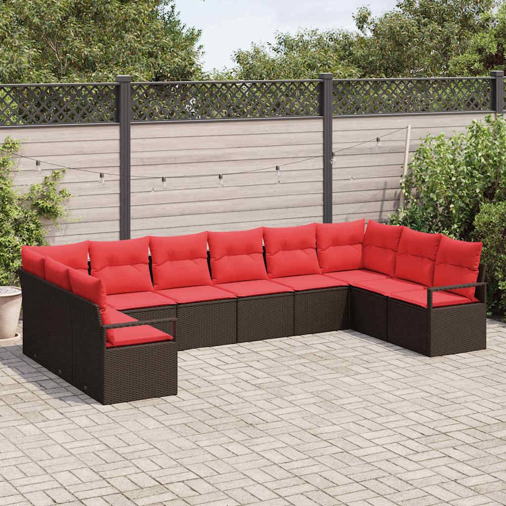 vidaXL Gartensofa-set mit Kissen 10 pcs Braun und Rot Poly-Rattan