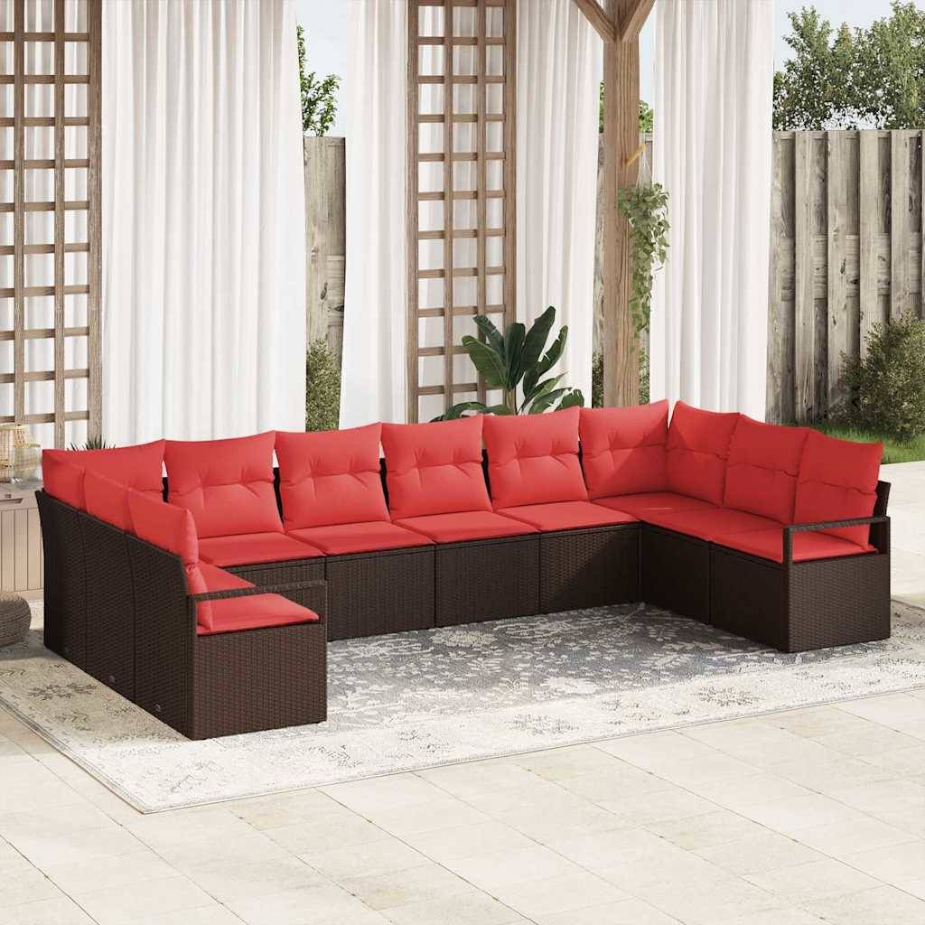 vidaXL Gartensofa-set mit Kissen 10 pcs Braun und Rot Poly-Rattan