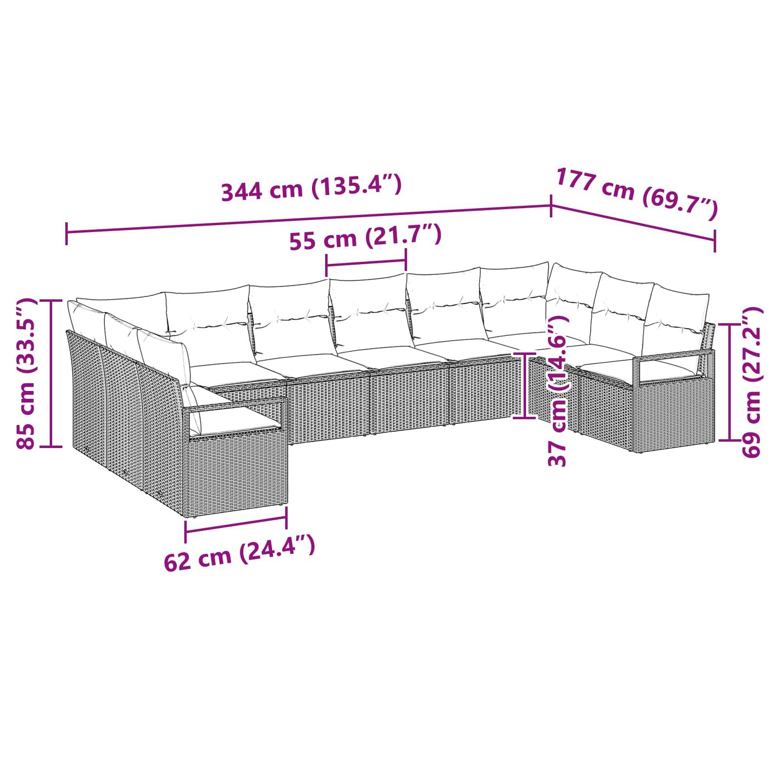 vidaXL Gartensofa-set mit Kissen 10 pcs Braun und Rot Poly-Rattan