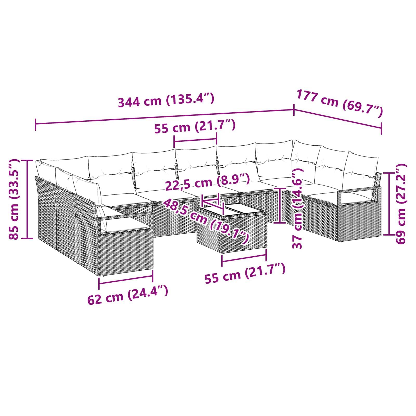 vidaXL Sofa Set mit Kissen 11 pcs Braun Poly Rattan