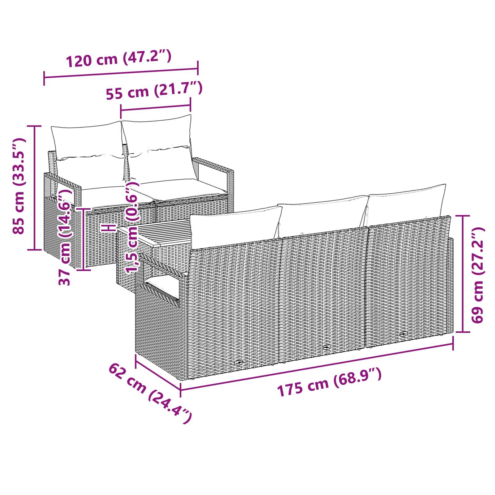 vidaXL Gartensofa-set mit Kissen 6 pcs Grau Poly-Rattan