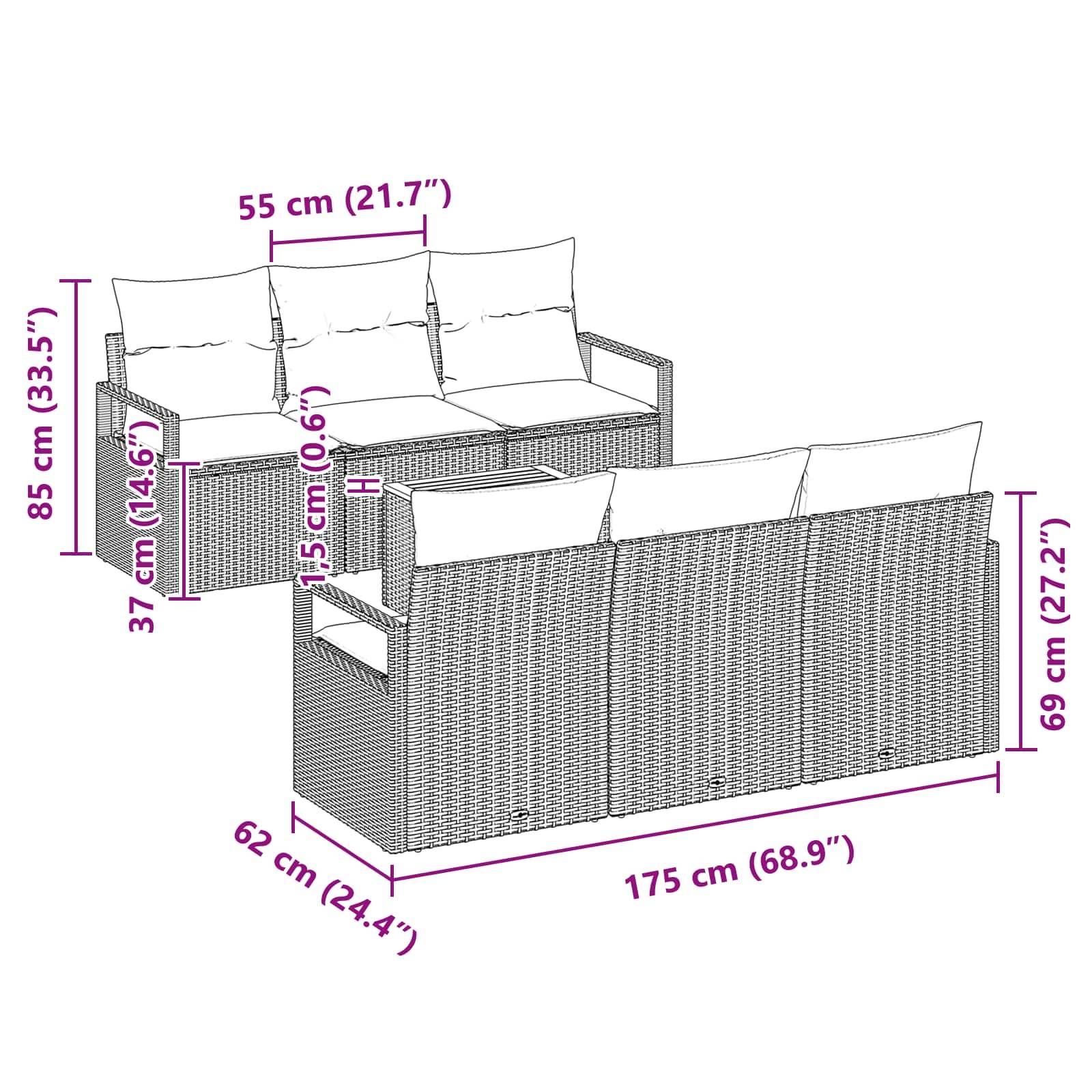 vidaXL Gartensofa-set mit Kissen 7 pcs Grau Poly-Rattan