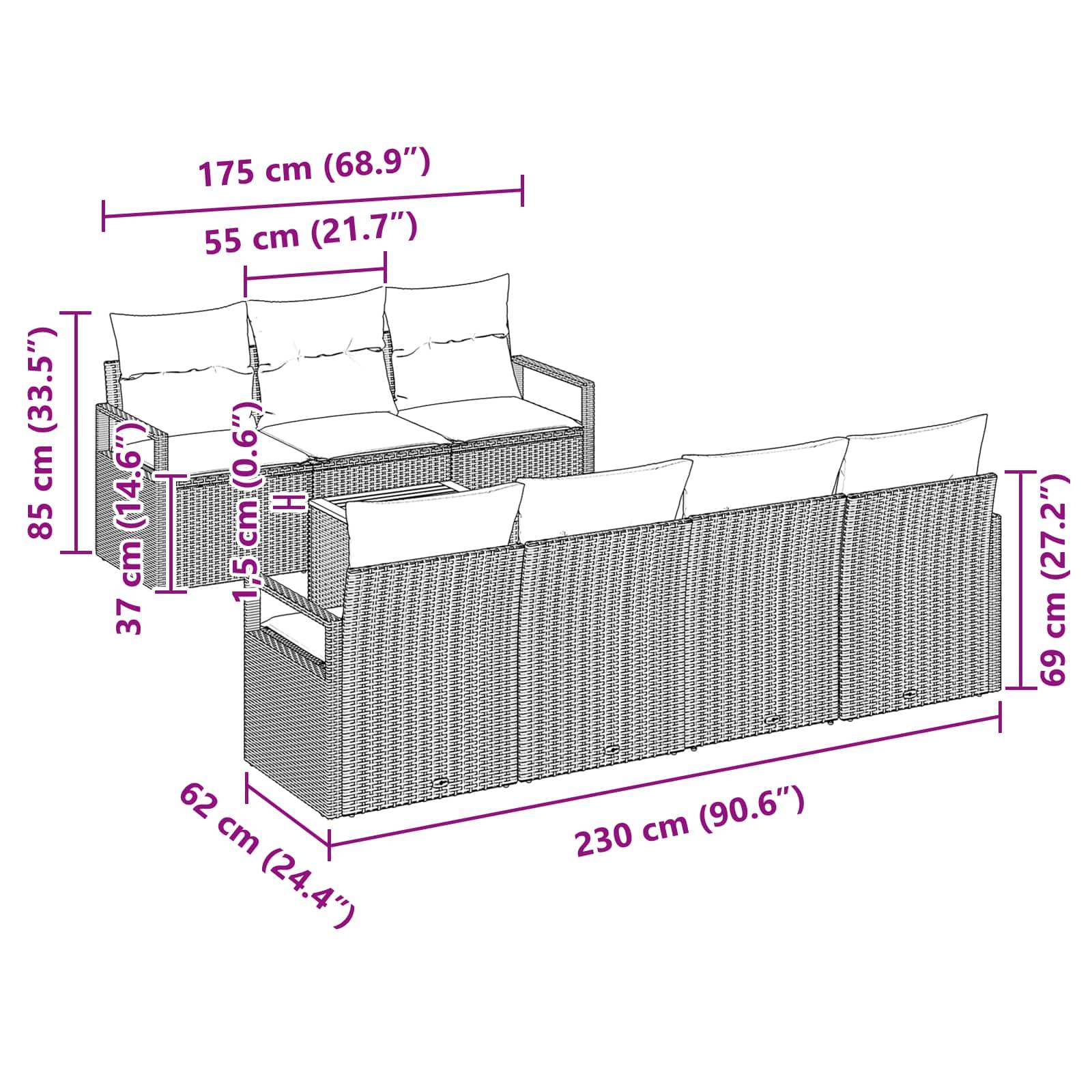 vidaXL Gartensofa-set mit Kissen 8 pcs Grau Poly-Rattan