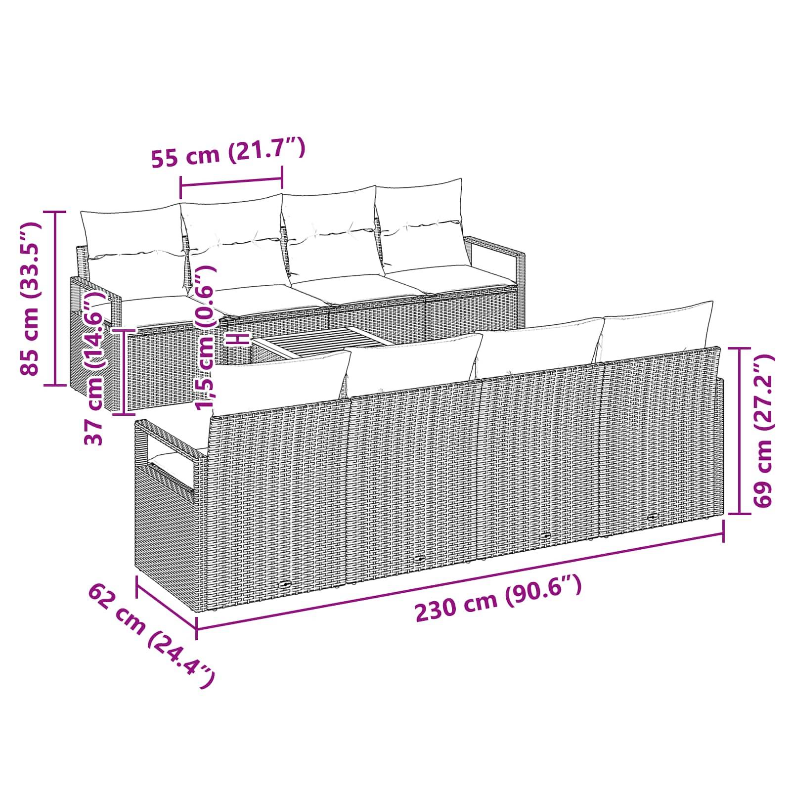 vidaXL Gartensofa-set mit Kissen 9 pcs Grau Poly-Rattan