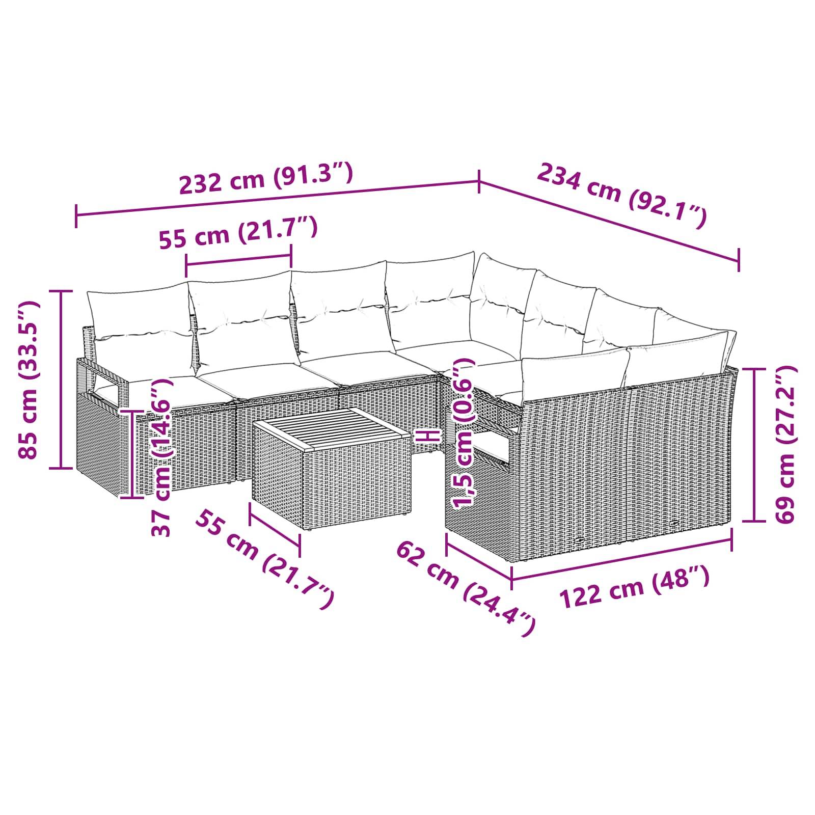 vidaXL Gartensofa-set mit Kissen 9 pcs Grau Poly-Rattan