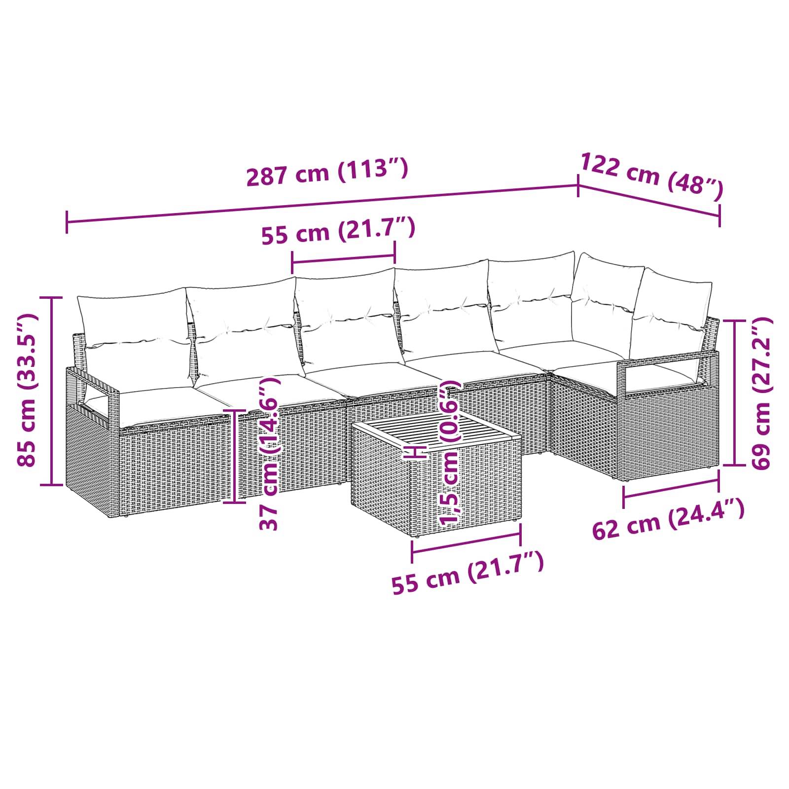vidaXL Gartensofa-set mit Kissen 7 pcs Grau Poly-Rattan