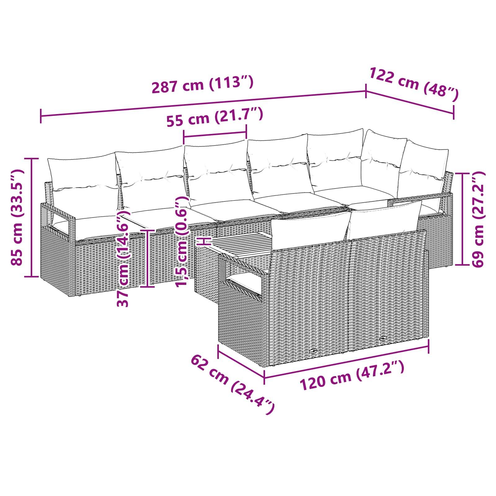 vidaXL Gartensofa-set mit Kissen 9 pcs Grau Poly-Rattan
