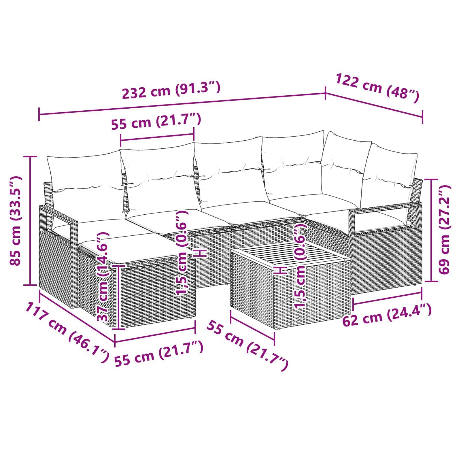 vidaXL Gartensofa-set mit Kissen 7 pcs Grau Poly-Rattan
