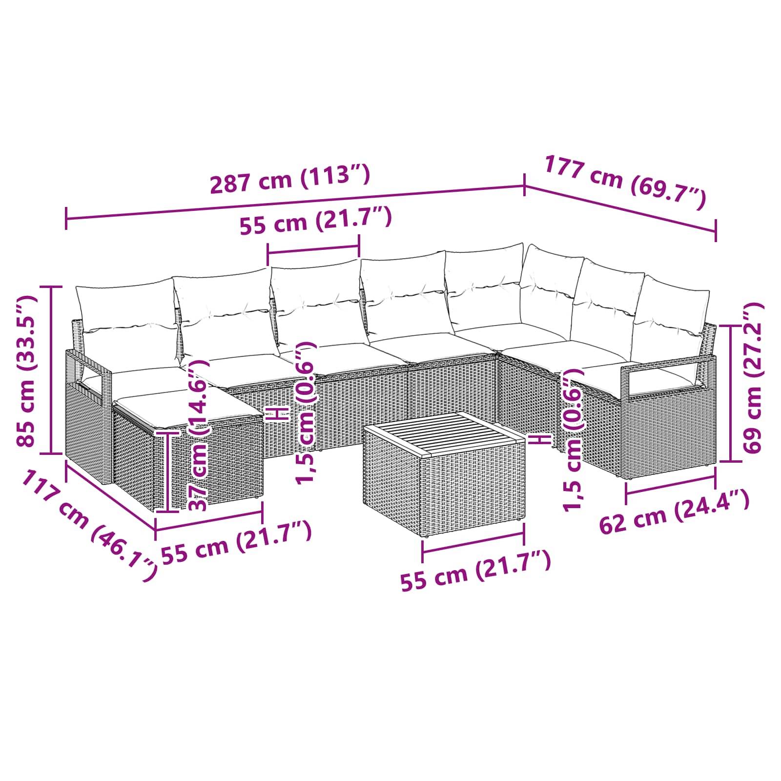 vidaXL Gartensofa-set mit Kissen 9 pcs Grau Poly-Rattan