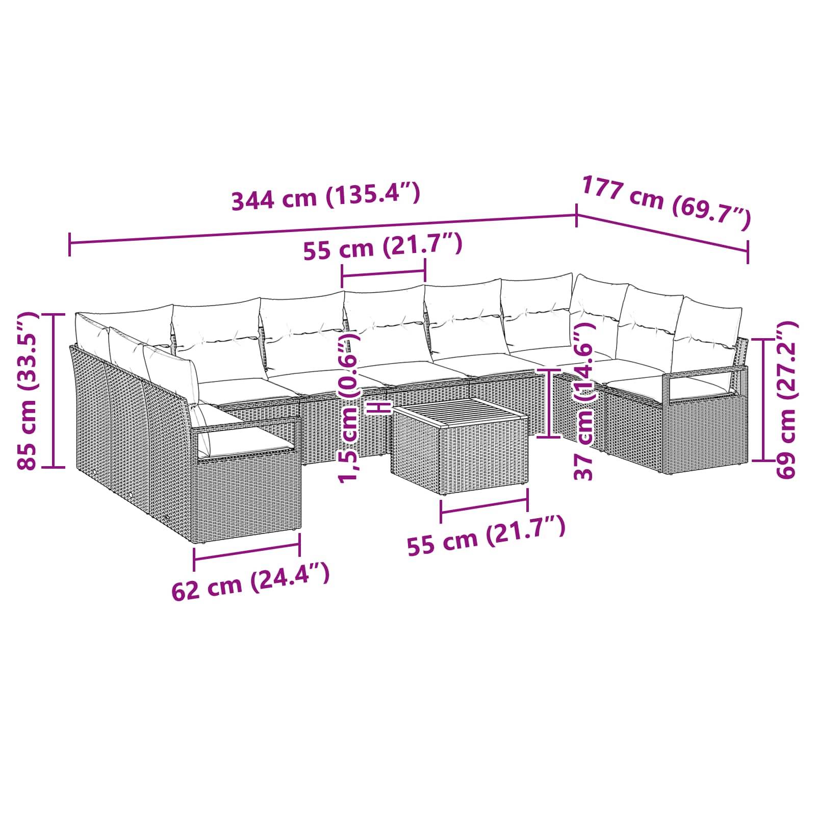vidaXL Gartensofa-set mit Kissen 11 pcs Grau Poly-Rattan