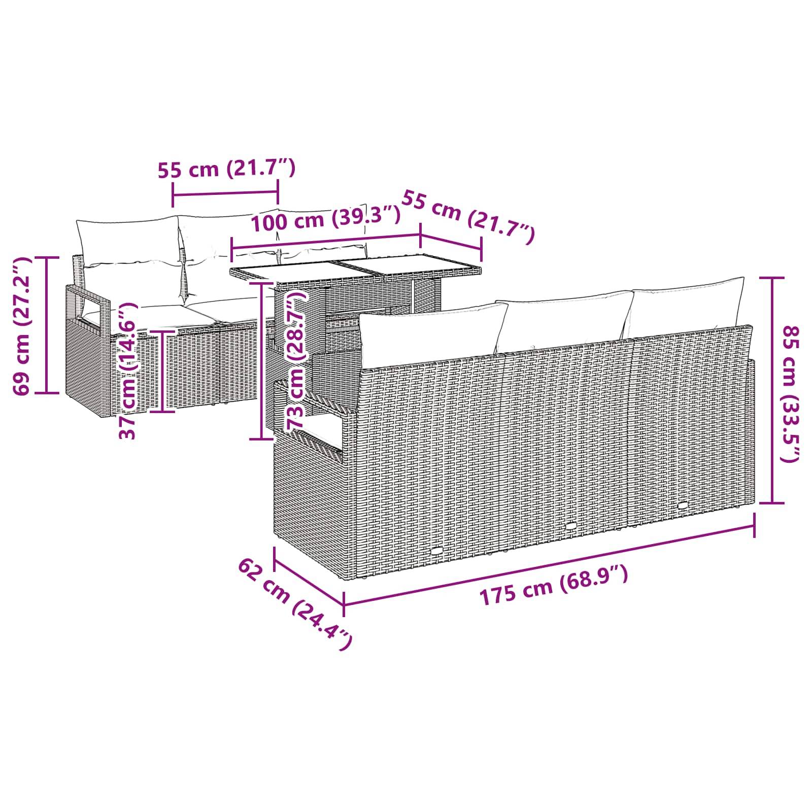 vidaXL Gartensofa-set mit Kissen mit Speicher 7 pcs Braun Poly Rattan
