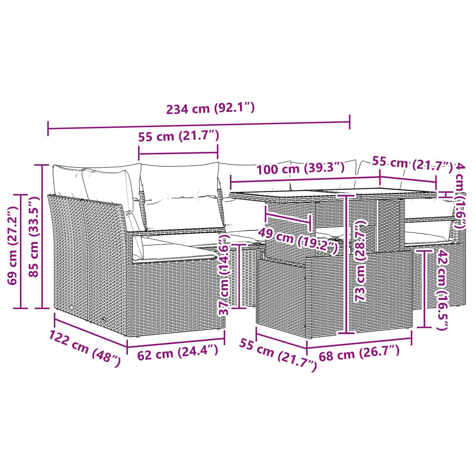 vidaXL Gartensofa-set mit Kissen mit Speicher 7 pcs Braun Poly Rattan