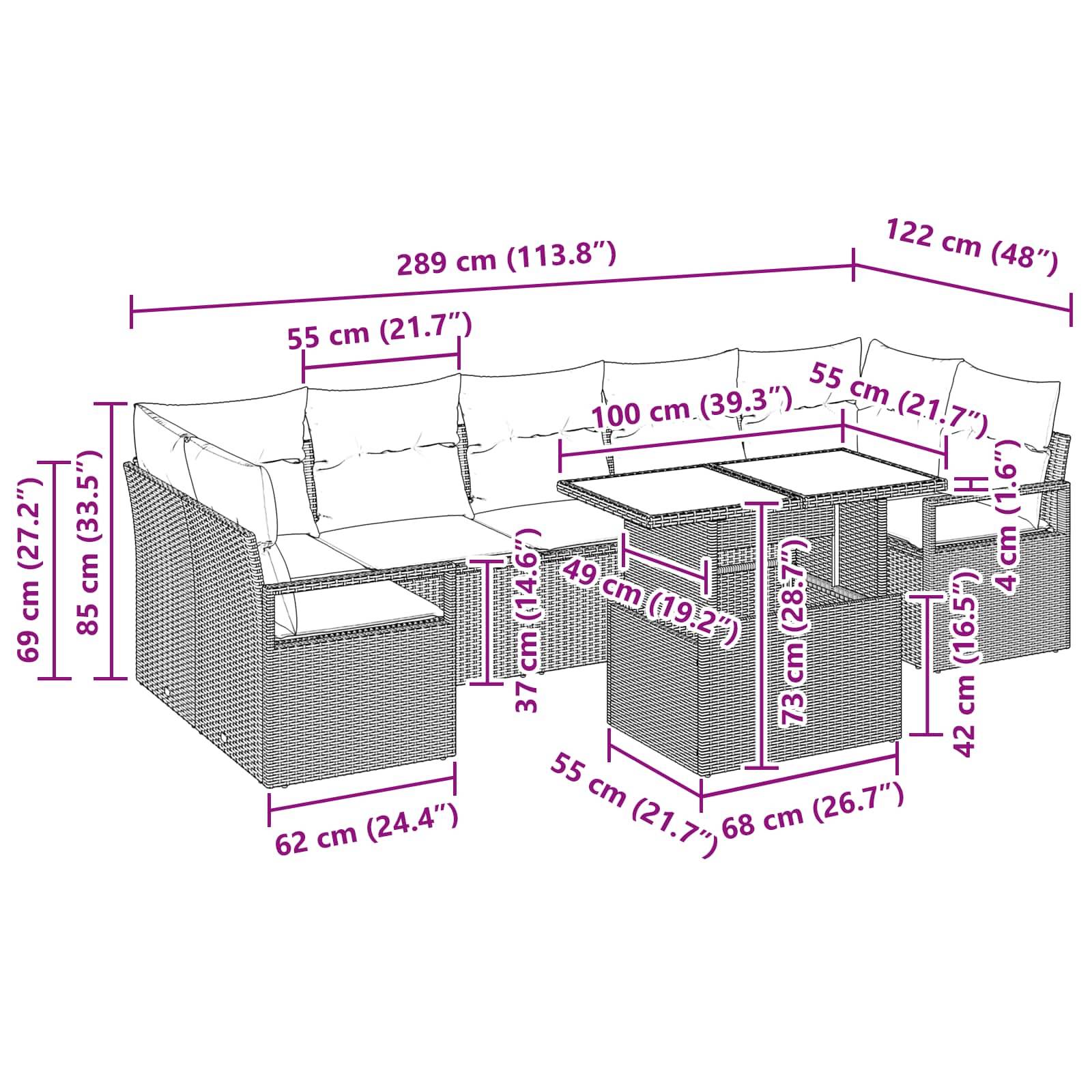 vidaXL Gartensofa-set mit Kissen mit Speicher 8 pcs Braun Poly Rattan