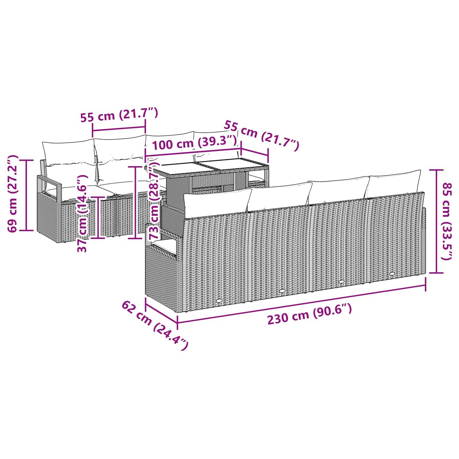 vidaXL Gartensofa-set mit Kissen mit Speicher 9 pcs Braun Poly Rattan
