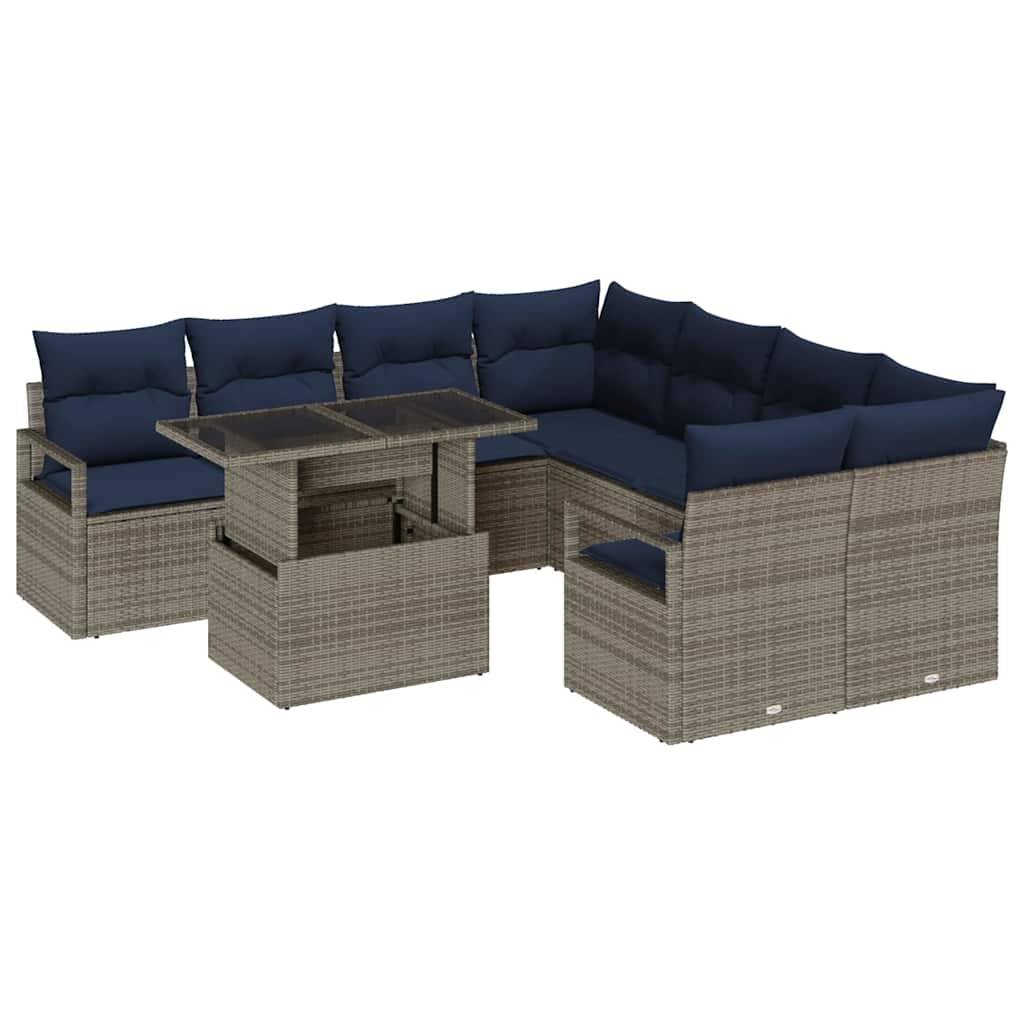 vidaXL Gartensofa-set mit Kissen 9 pcs Grau und Marineblau Poly-Rattan