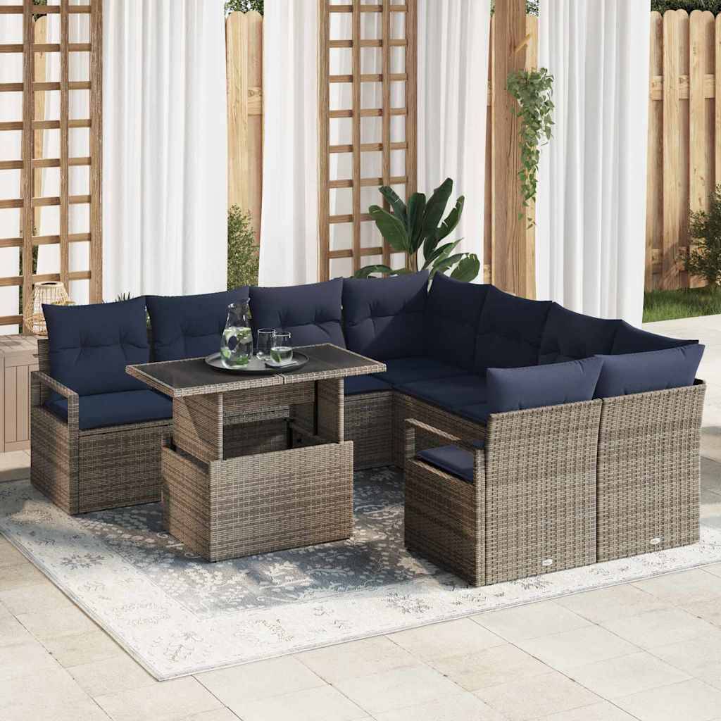 vidaXL Gartensofa-set mit Kissen 9 pcs Grau und Marineblau Poly-Rattan