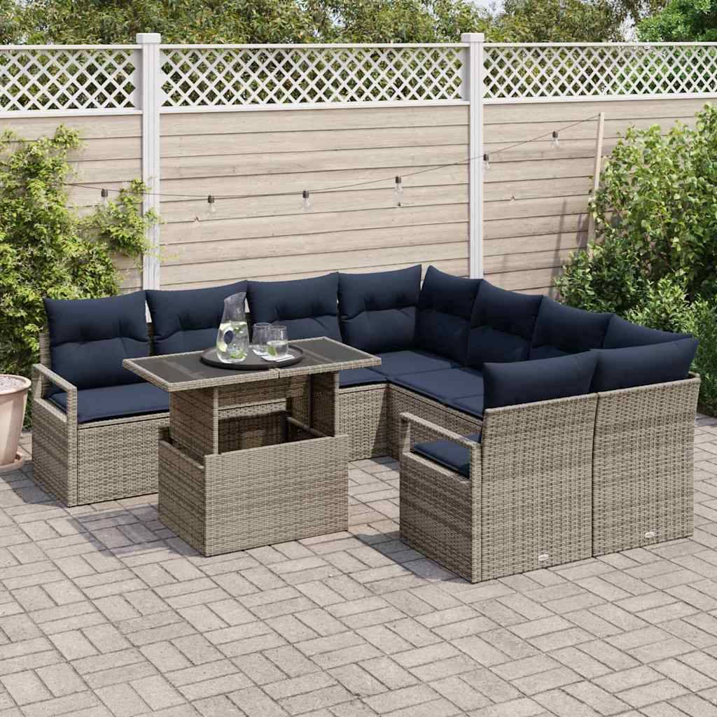 vidaXL Gartensofa-set mit Kissen 9 pcs Grau und Marineblau Poly-Rattan