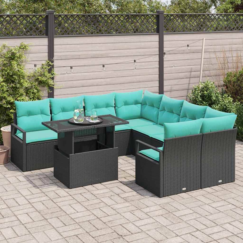 vidaXL Gartensofa-set mit Speicher 9 pcs Schwarz und Blau Poly-Rattan