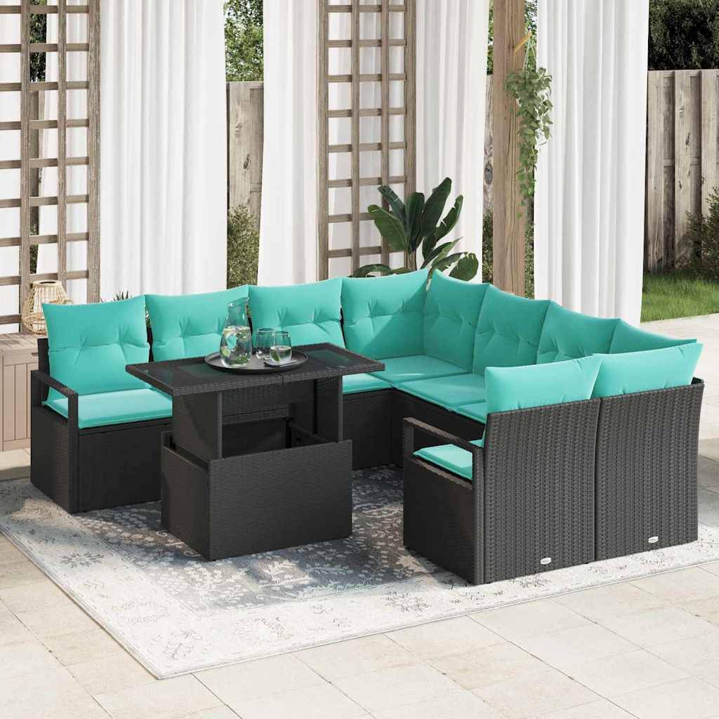 vidaXL Gartensofa-set mit Speicher 9 pcs Schwarz und Blau Poly-Rattan