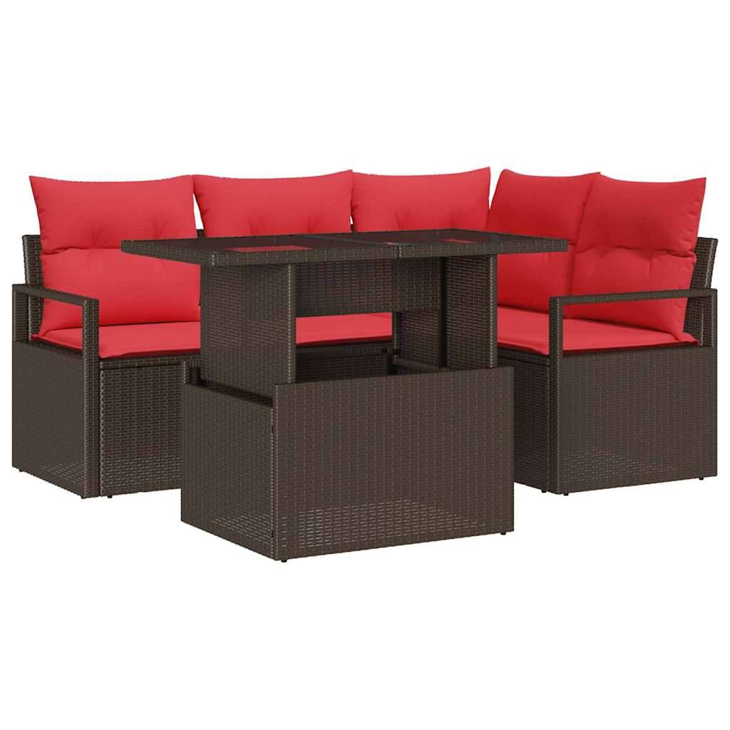 vidaXL Gartensofa-set mit Kissen mit Speicher 5 pcs Braun Poly Rattan
