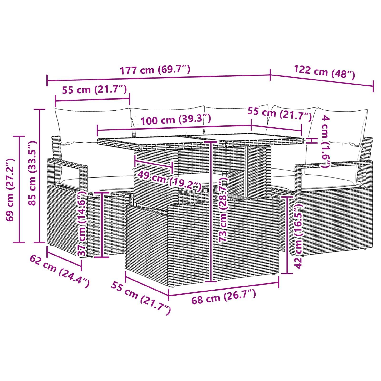 vidaXL Gartensofa-set mit Kissen mit Speicher 5 pcs Braun Poly Rattan