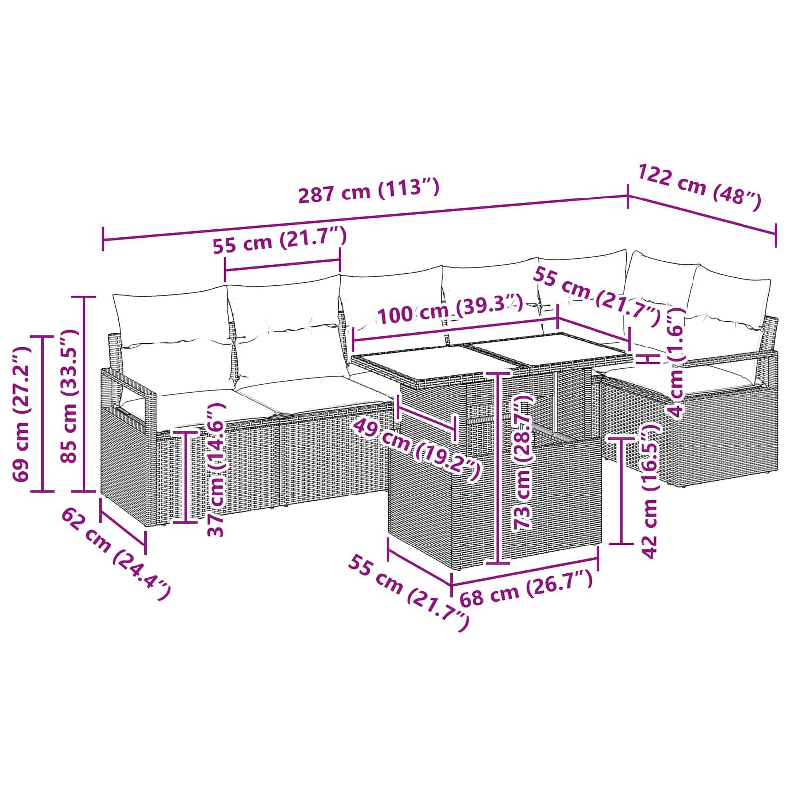 vidaXL Gartensofa-set mit Kissen mit Speicher 7 pcs Braun Poly Rattan