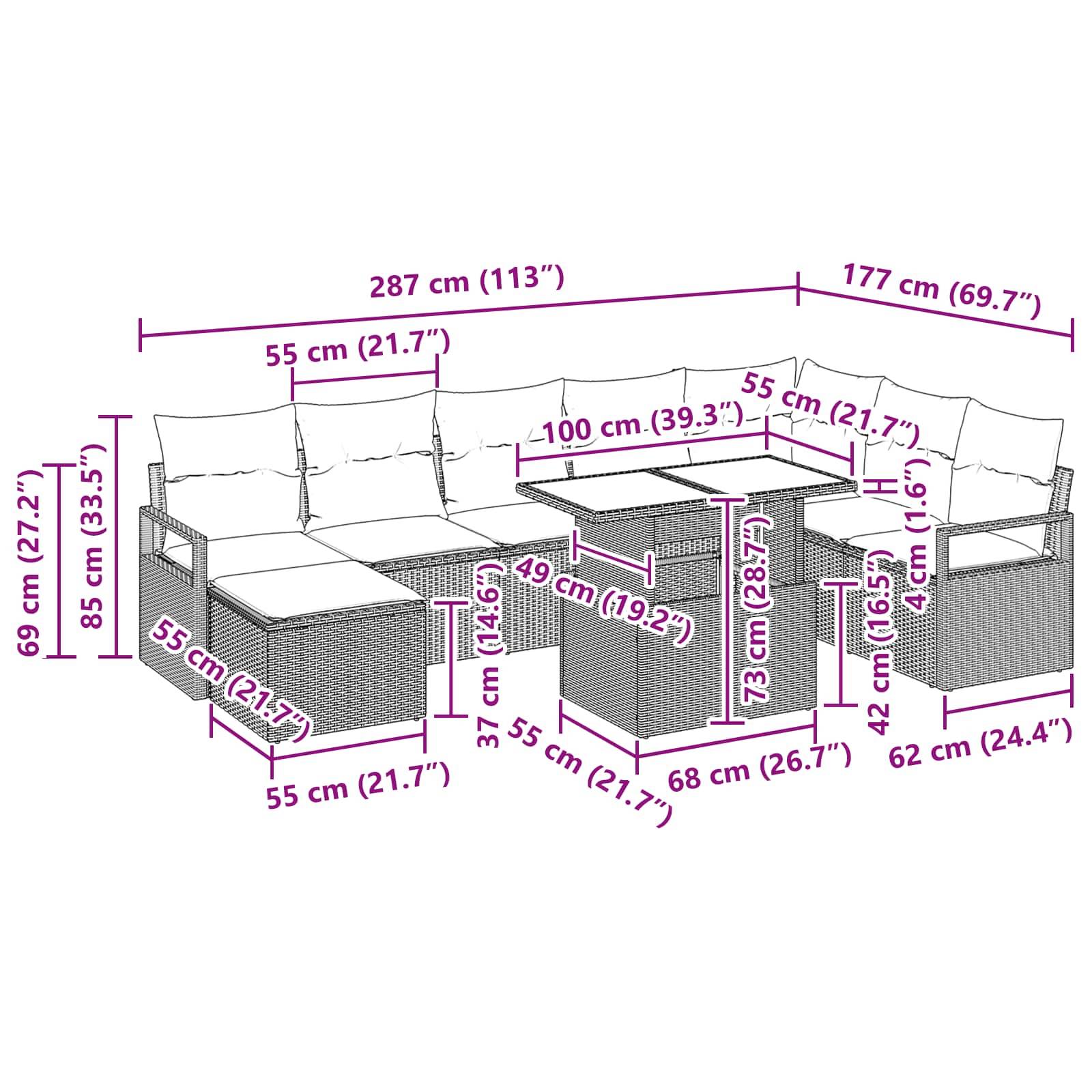 vidaXL Gartensofa-set mit Kissen mit Speicher 9 pcs Braun Poly Rattan