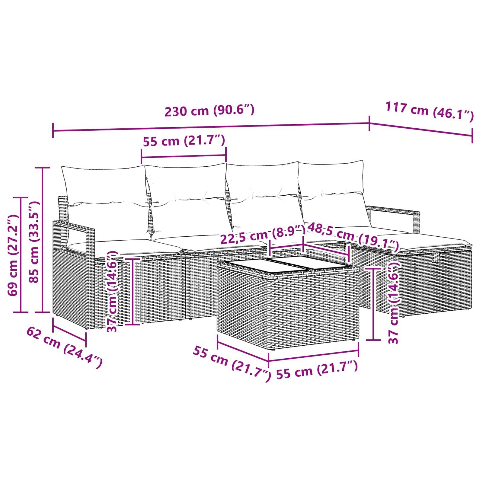 vidaXL Gartensofa-set mit Kissen mit Speicher 6 pcs Braun Poly-Rattan